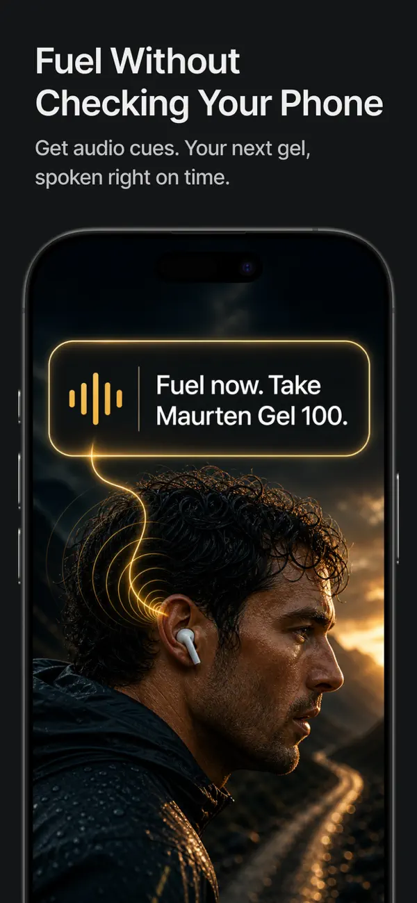 Fuelstate iPhone screenshot showing audio fueling cues for hands-free race nutrition reminders.