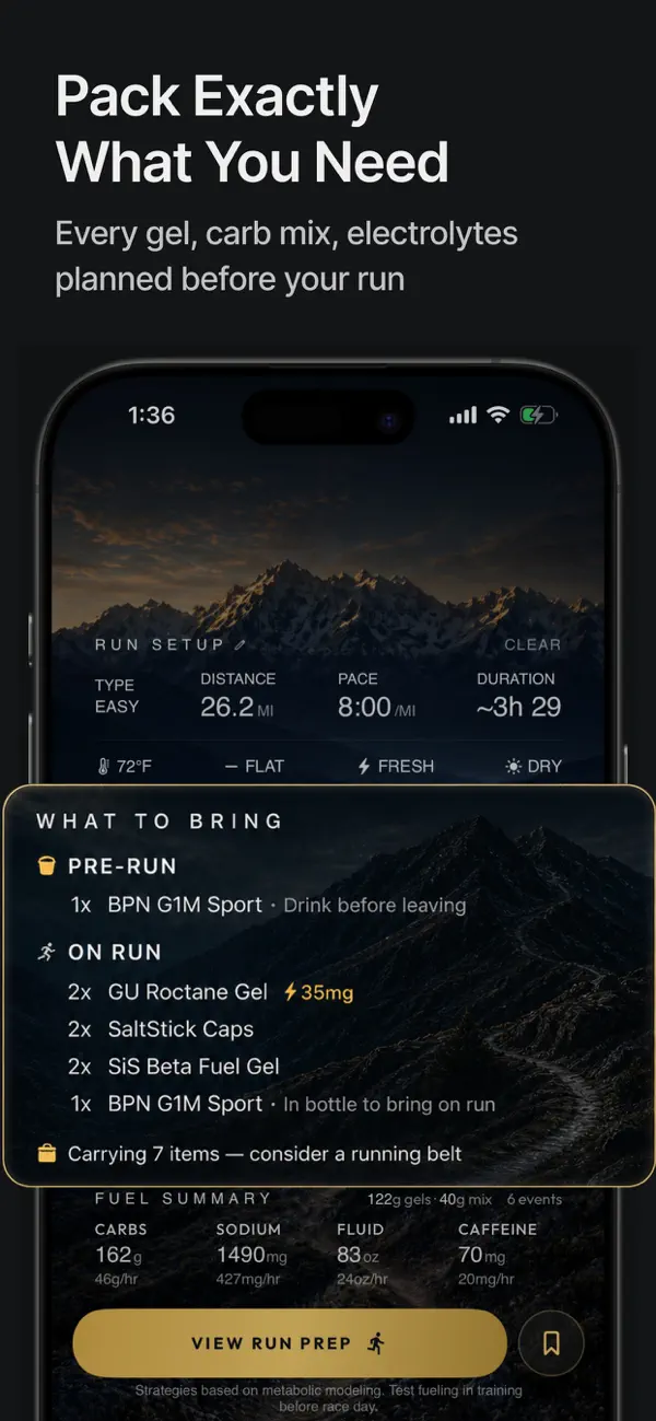 Fuelstate iPhone screenshot showing a pre-run packing list for gels, drink mix, sodium, fluids, and caffeine.