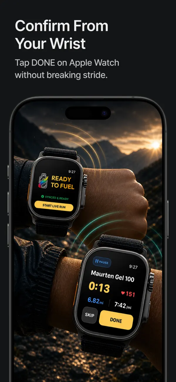 Fuelstate iPhone and Apple Watch screenshot showing wrist-based fueling prompts and Done or Skip controls.