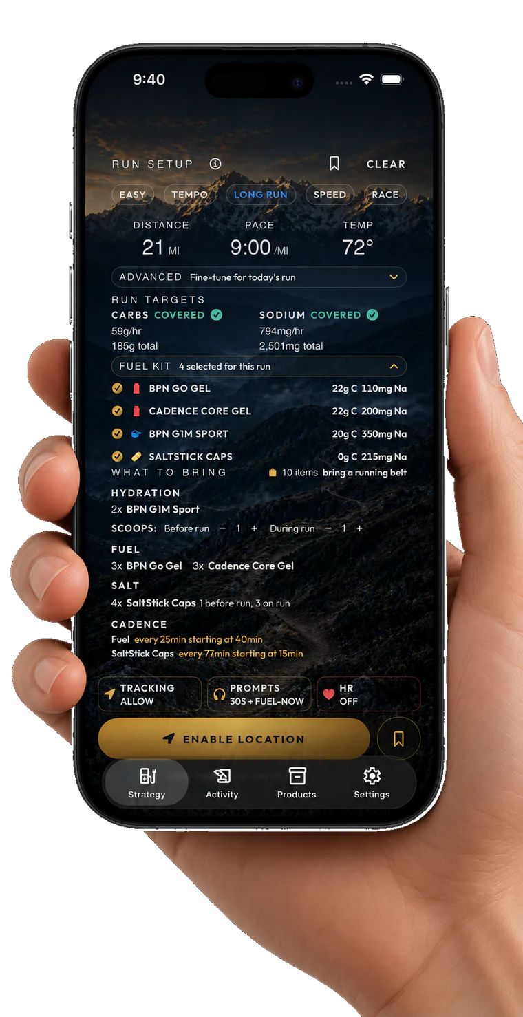 Fuelstate run strategy showing targets, selected products, packing guidance, and fuel cadence on iPhone.