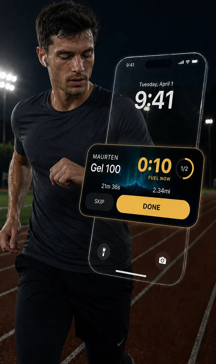 Fuelstate Live Activity showing a fuel-now countdown on the iPhone Lock Screen during a run