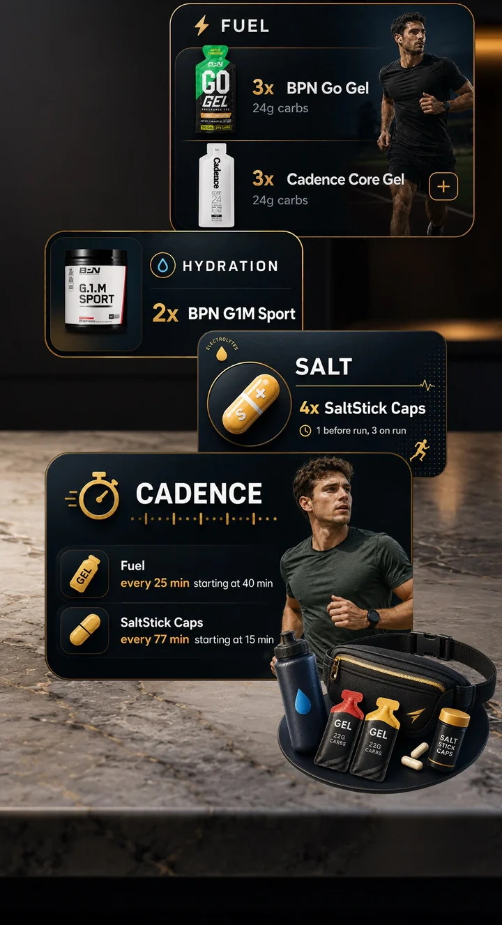 Fuelstate product-specific fuel, hydration, salt, and cadence packing guidance.