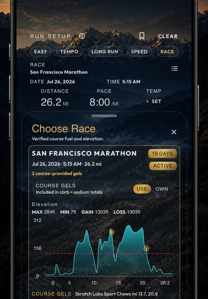 Fuelstate Run Setup and supported race course planning with elevation and aid-station context.