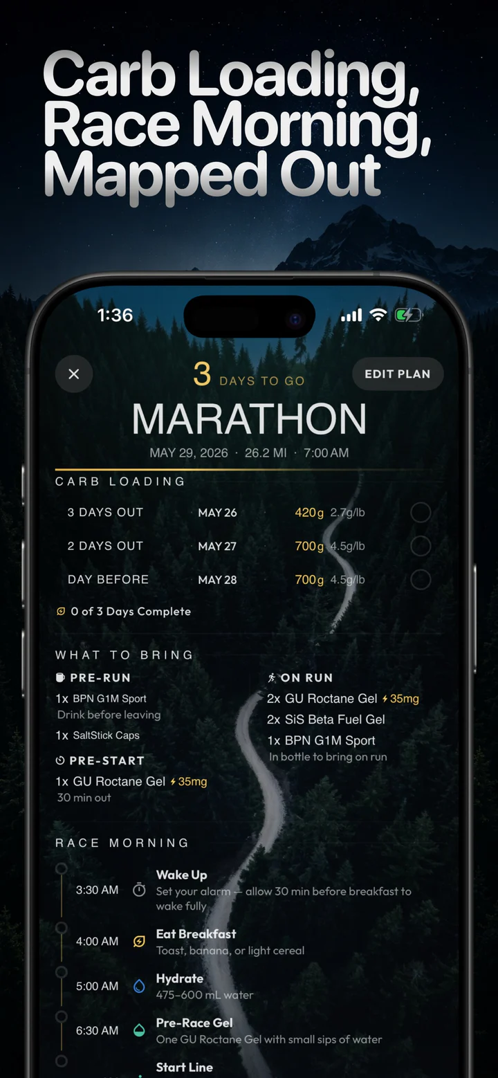 Fuelstate race preparation view with carb loading and race-morning guidance.