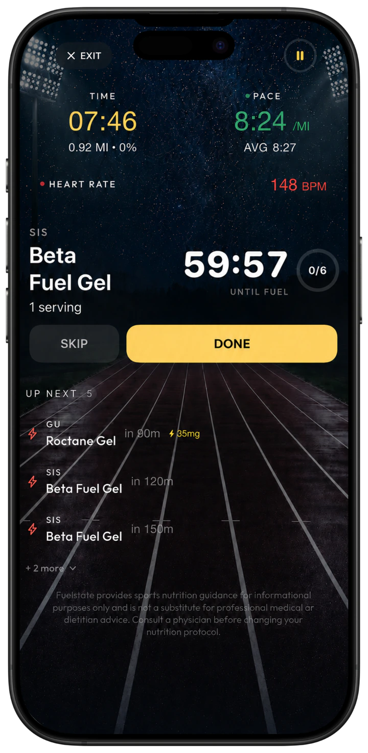 Fuelstate live run screen with fuel countdown, Done action, and upcoming products.