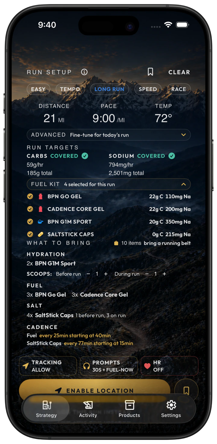 Fuelstate strategy showing run targets, selected products, packing guidance, and fuel cadence.